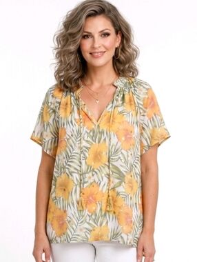 Alex & Parker Yellow Hibiscus Gathered V-neck Flutter Sleeve Blouse Size 2X NWOT